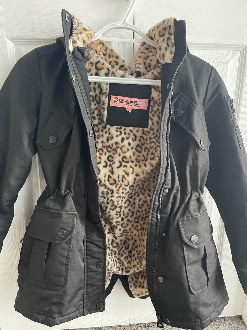 Urban Republic Black Trench Coat with Leopard Faux-Fur Lining Size 14